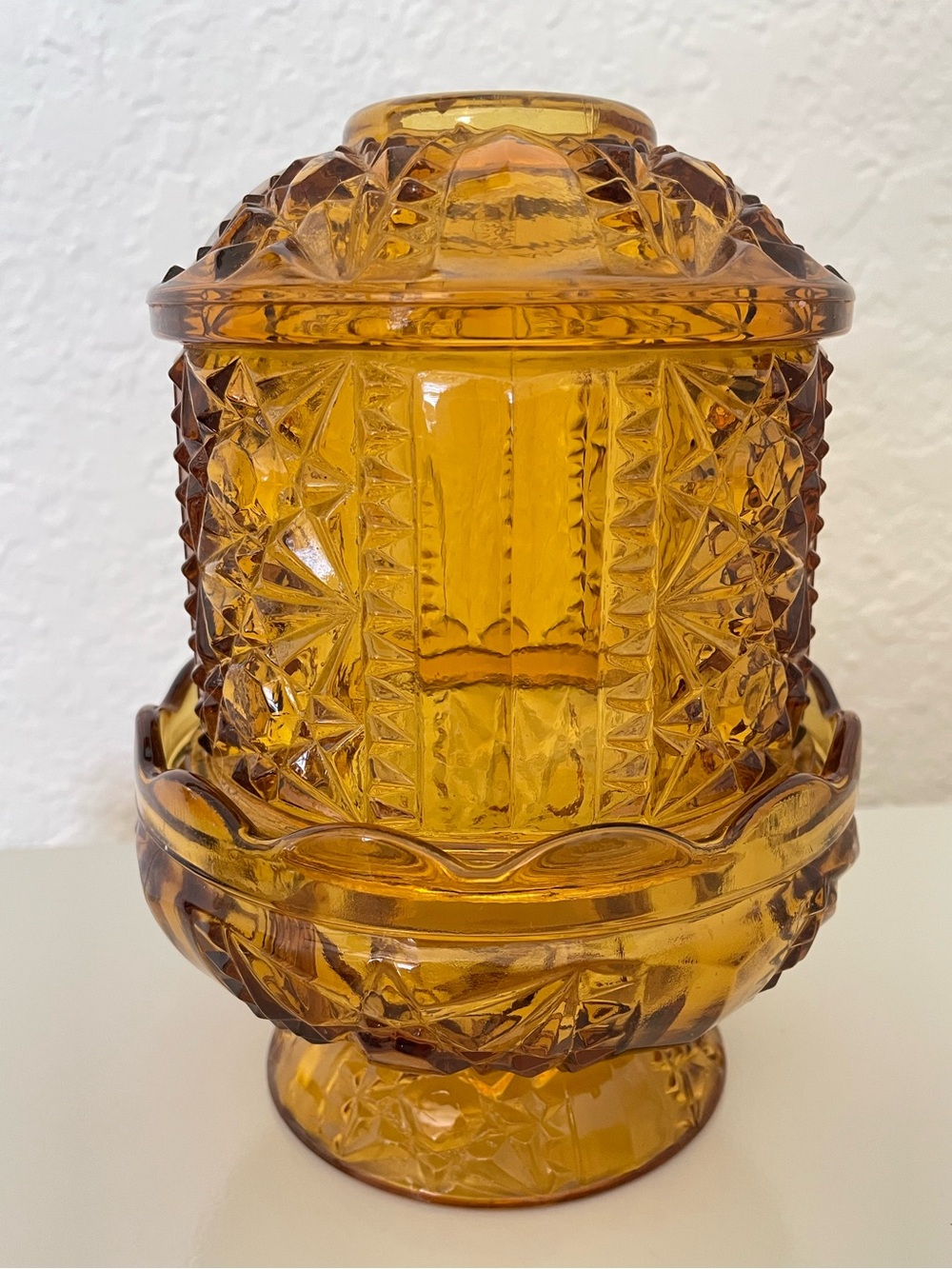 Indiana Glass Fairy Lamp Amber Stars & Bars Candle Holder 6.5” MCM Vintage